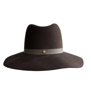 Janessa Leone Cole Hat Brown Wool Wide Brim Fedora Gray Leather Band Large USA